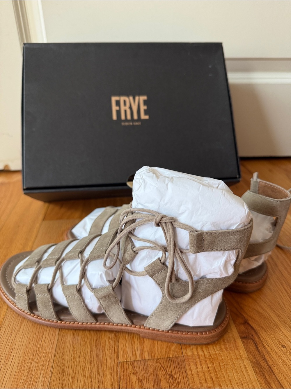 Frye Taupe Suede Gladiator Lace-Up Sandals